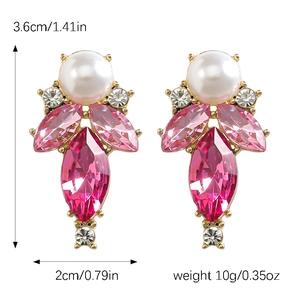 Luxurious teardrop earrings with pink rhinestones, white pearls, and gold alloy metal