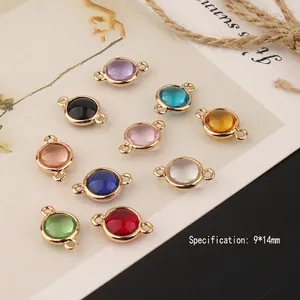Set of 10 colorful 9x14mm round crystal charms with gold-plated double-hole connectors