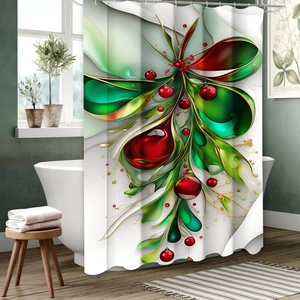 Detail of Christmas shower curtain with green leaves and red ornaments on waterproof fabric