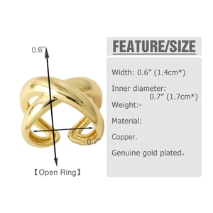 Detailed technical diagram showing dimensions of gold-plated irregular copper open ring