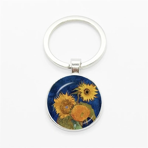 Van Gogh Sunflowers art glass cabochon keychain with silver round metal frame