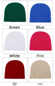 Color palette selection for basic knit beanies in green blue white pink burgundy and beige