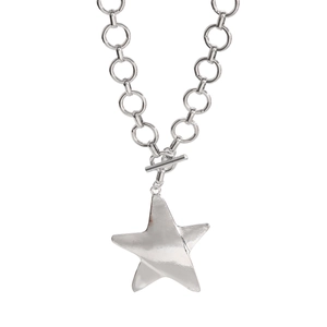 Detailed view of silver alloy star pendant necklace with chunky links and OT clasp