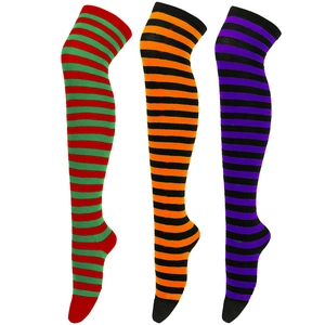 Three pairs of striped over-the-knee socks in red-green, orange-black, and purple-black