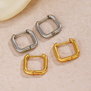 Minimalist square stainless steel hoop earrings in polished gold and silver finishes