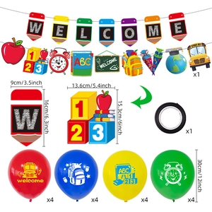 Close-up of Back to School party supplies kit with banners, balloons and dimensions