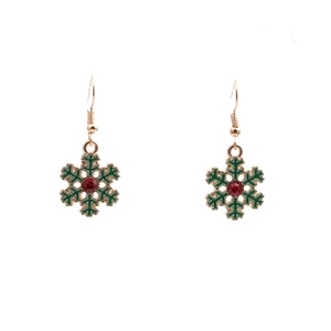 Christmas snowflake jewelry set with green and gold enamel earrings and red crystal inlay