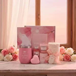 Pink Spa Gift Set featuring stainless steel tumbler, rose bath salts, and scented candle