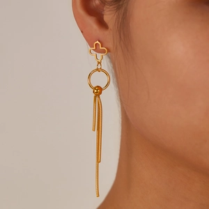 Elegant gold stainless steel long tassel earrings with cross and hoop for women