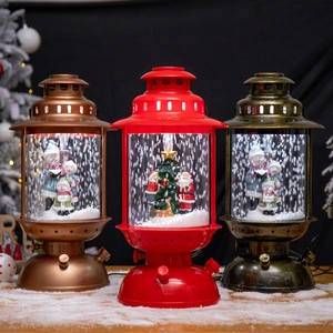 Three vintage Christmas snow lanterns with Santa and snowman in a snowy forest scene