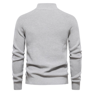 Men's light grey knit sweater with half-zip stand collar and ribbed cuffs, back view