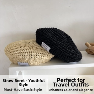 Macro view of woven straw beret texture and minimalist fabric label on breathable hat