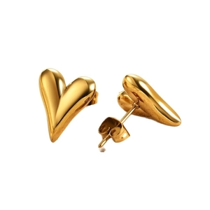 Polished heart-shaped gold stud earrings set for women with minimalist metallic mirror finish