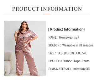 Detail view of pink satin pajamas set including size chart from 1XL to 5XL for women