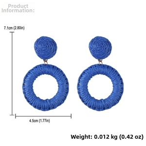 Detailed size specifications for blue raffia woven earrings with 7.1cm height and 4.5cm width