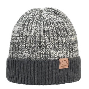 Mens winter warm knitted beanie with fleece lining in grey mixed color and ribbed cuff