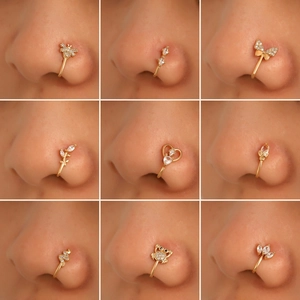 U-shaped non-piercing gold nose cuffs featuring zircon bee, spider and butterfly designs
