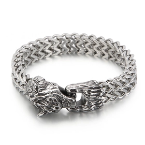 Silver Viking wolf head bracelet in vintage stainless steel with Franco weave chain