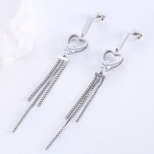 Elegant stainless steel heart earrings with sparkling cubic zirconia and long tassels