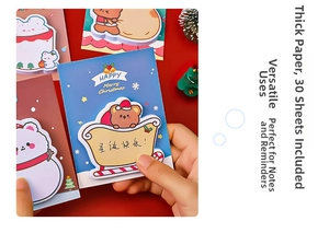 Detail of Christmas cartoon sticky notes featuring festive bear and rabbit designs