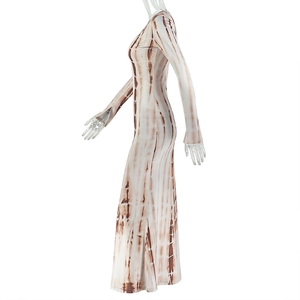 Detail of stretch knit tie-dye fabric in brown and white on a long sleeve dress