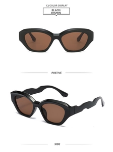 Fashionable black square sunglasses with wavy temples and brown lenses in two viewing angles