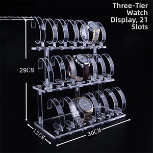 Three-tier acrylic watch display stand with 21 transparent C-rings for counter display