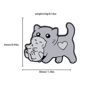 Detail showing dimensions 24x30mm and 4g weight of cute cat enamel pin with white kitten