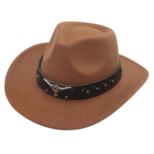 Brown western cowboy felt hat with silver bull head emblem and studded leather band