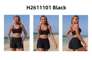 Detailed views of black two-piece bikini featuring front knot and high-waisted bottoms