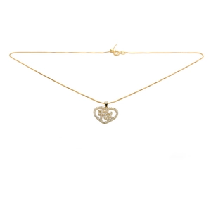 Gold necklace with heart-shaped Fé pendant and clear cubic zirconia stones on white background