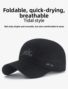 Detail of black UPF 50+ outdoor cap with foldable brim and quick-dry breathable fabric