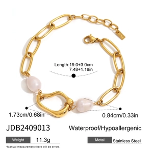 Gold plated 18k stainless steel pearl bracelet with size and material specifications