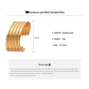 Detail specifications of golden stainless steel cuff bracelet with 6cm height and 39g weight