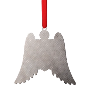Detailed view of silver metal angel wing ornament with textured surface and red ribbon