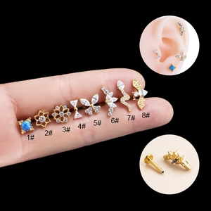 G23 Titanium Internally Threaded Labret Stud Cartilage Piercing Earrings Zircon Butterfly Snake Bat Heart Shape Jewelry