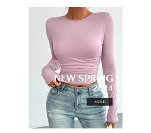 Close-up of lavender slim fit long sleeve top with stylish side ruched waist detail