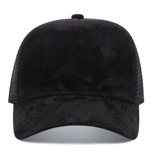 Classic black suede and mesh trucker baseball cap shown from a straight front view