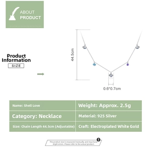 Size chart showing S925 silver shell necklace specs with 44.5cm chain length and pendant size