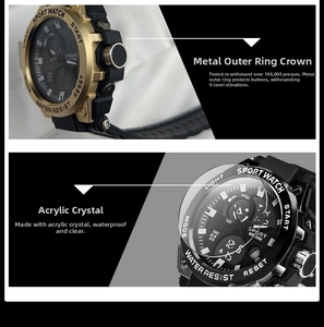 Detail of waterproof dual-display sport watch with metal bezel and 30M water resistance