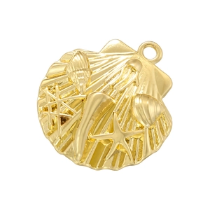 Gold shell pendant with starfish and coral relief patterns on white background