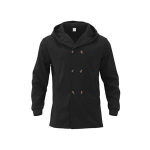 Detail view of black men's hooded trench coat with double-breasted buttons and ribbed cuffs