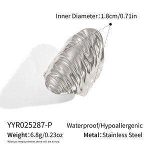 Detail view of silver textured stainless steel ring with 1.8cm diameter and 6.8g weight