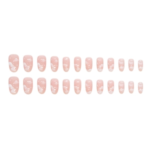 Pink oval press-on nails set with dreamy white cloud and star patterns for a gentle look