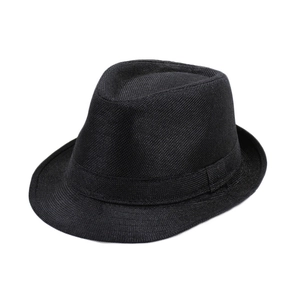 Classic black woven linen Panama hat with a stylish upturned brim and ribbon band