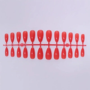 Glossy bright red long almond shaped press-on nails set with 24 pieces on white background