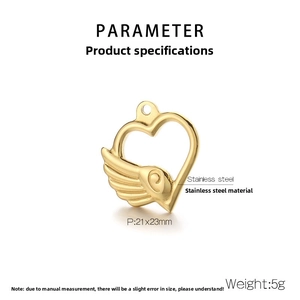 Detail view of 21x23mm gold stainless steel heart with wing pendant jewelry accessory
