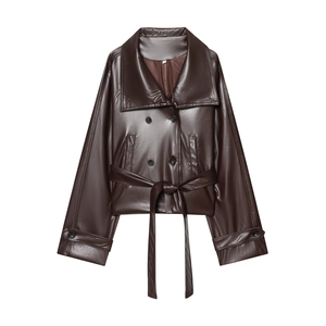 Veste En Similicuir PU Femme Courte Croisée Avec Ceinture Taille Décontractée Punk Biker Manteau Manches Longues