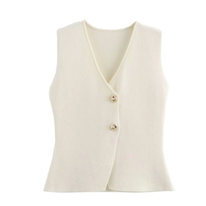 Women's cream knit V-neck vest with elegant gold buttons and a tailored waistline