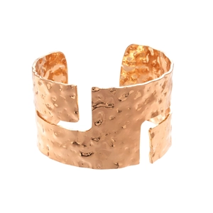 Modern wide open cuff bracelet with rose gold hammered texture and geometric cutouts